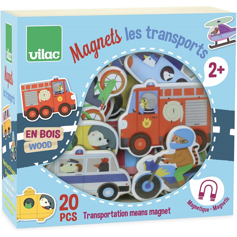Vilac - Coffret de 20 magnets en bois - Les transports