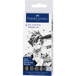 Faber-Castell 167124 - Feutre Pitt Artist Pen, Boîte de 6, Mangaka Noir