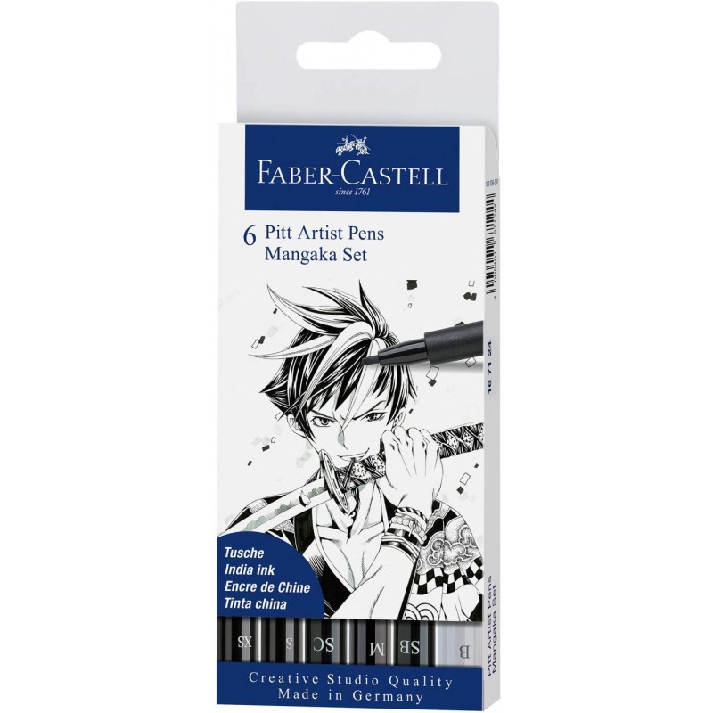 Faber-Castell 167124 - Feutre Pitt Artist Pen, Boîte de 6, Mangaka Noir