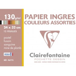 Clairefontaine - Pochette dessin scolaire - 12 Feuilles de papier Ingres Pastel Couleurs Assorties -
