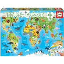 Educa - Puzzle 150 pièces - Mappemonde des animaux