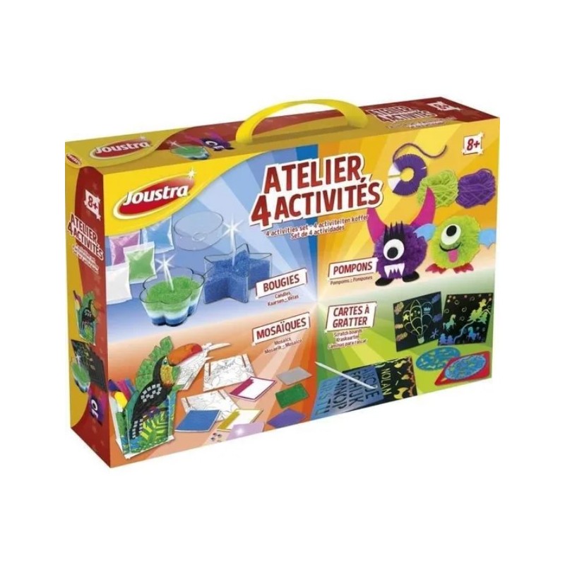 JOUSTRA - Atelier 4 Activités - Un coffret créatif avec des Bougies, Pompons, Mosaïques et Cartes à