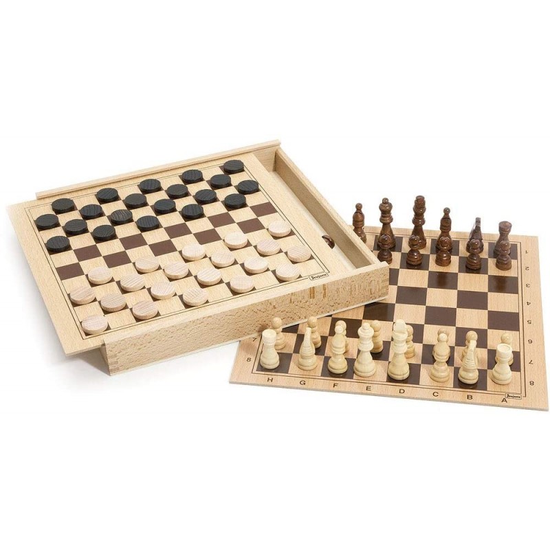 Jeujura - 8133- Jeux de Société- Jeux de Dames et d'Echecs - Coffret en Bois